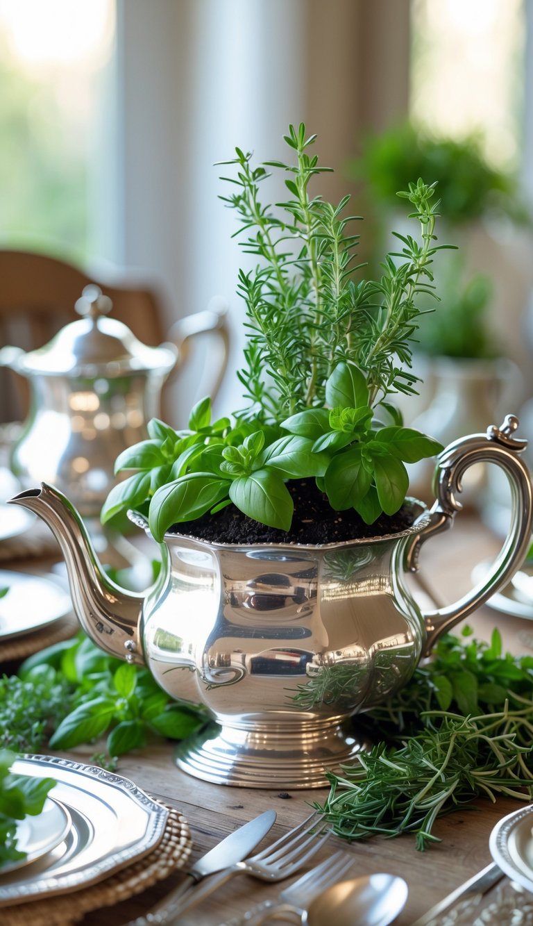 A vintage silver tea set used as a planter holding fresh green herbs, placed on a wooden dining table.